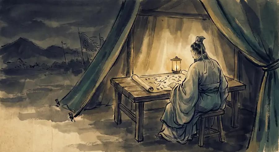 Tranh thuỷ mặc: mưu sĩ xem bản đồ dưới ánh đèn trong trướng